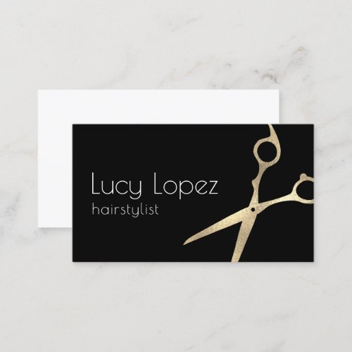Elegant gold  black scissors hairstylist business card