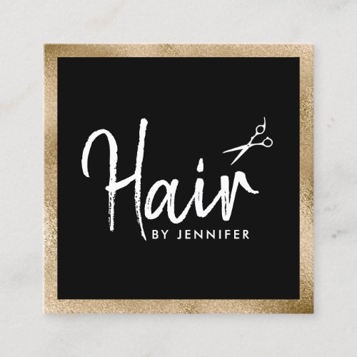 Elegant gold  black scissors hairstylist square business card