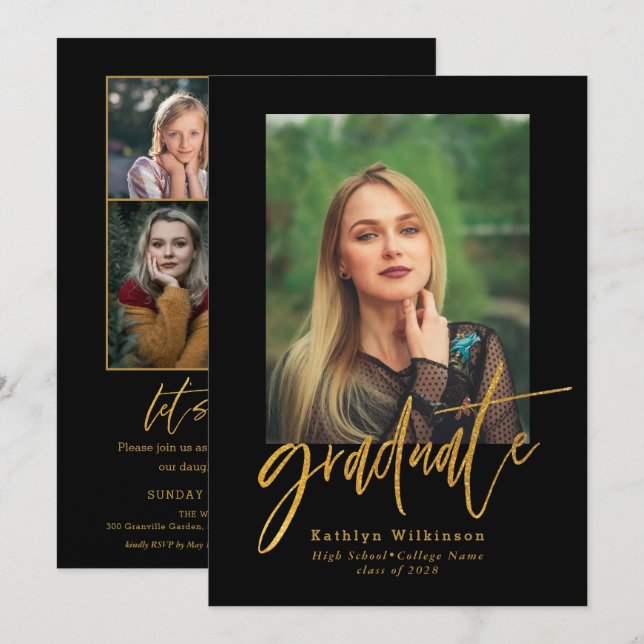 Elegant Gold Black Script 5 Photo Collage Grad Invitation (Front/Back)