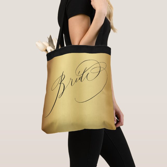 Elegant Gold Black Script Bride Wedding Tote Bag (Close Up)