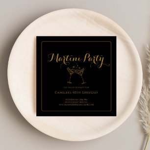 Elegant Gold & Black Script Martini Drinks Adult Invitation