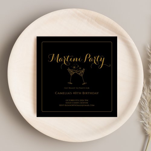 Elegant Gold  Black Script Martini Drinks Adult Invitation