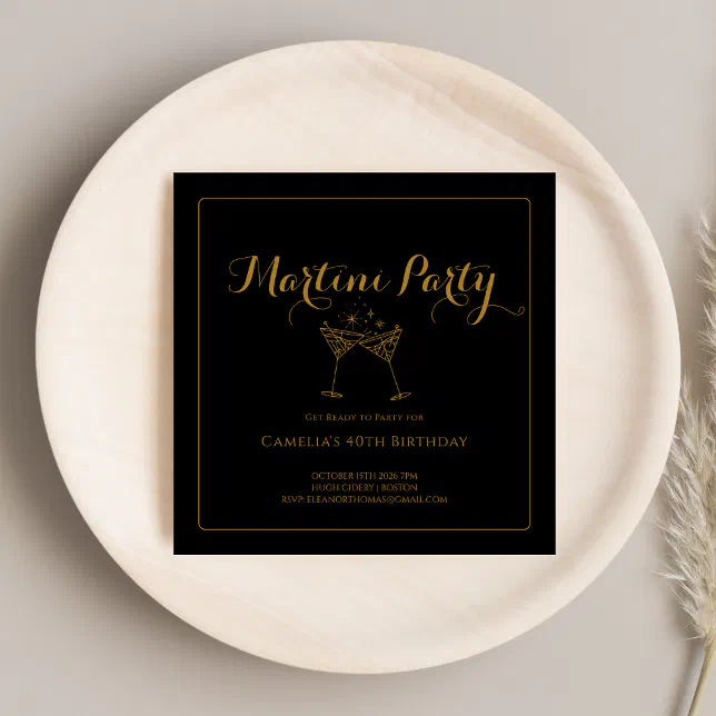 Elegant Gold & Black Script Martini Drinks Adult Invitation | Zazzle