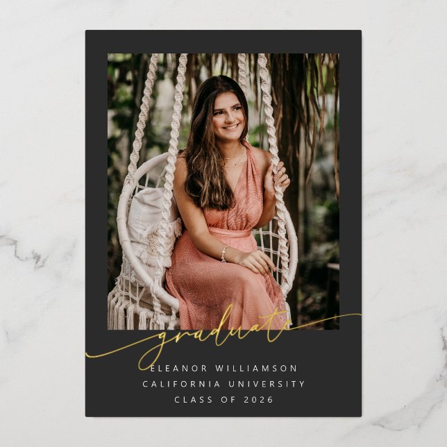 Elegant Gold Black Script Overlay Photo Graduation Foil Invitation (Front)