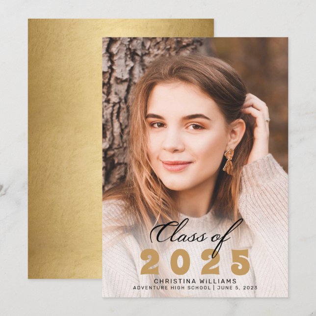 Elegant Gold Black Script Photo 2025 Graduation Announcement (Front/Back)