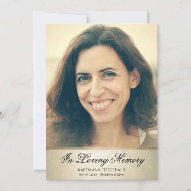 Elegant Gold Black Script Photo Funeral Card (Front)
