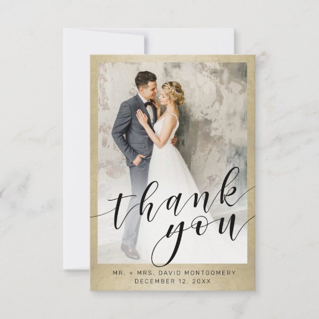 Elegant Gold Black Script Wedding Photo Thank You Card (Front)