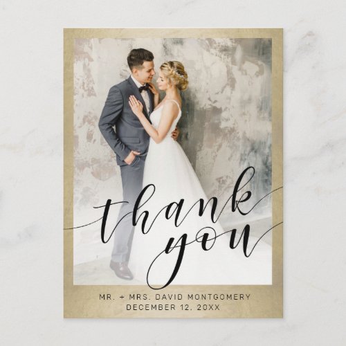 Elegant Gold Black Script Wedding Photo Thank You Postcard