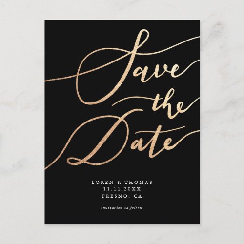 Elegant Gold Black Script Wedding Save The Date Announcement Postcard