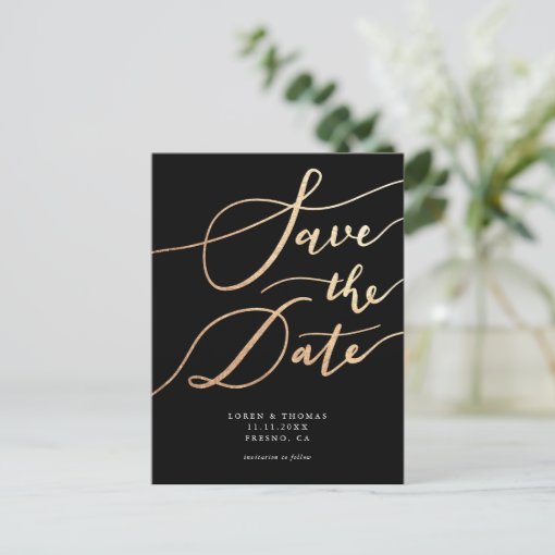 Elegant Gold Black Script Wedding Save The Date Announcement Postcard ...