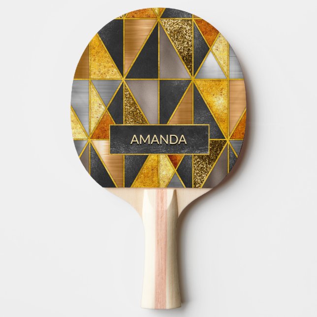 Elegant gold black silver geometric triangles ping pong paddle (Front)