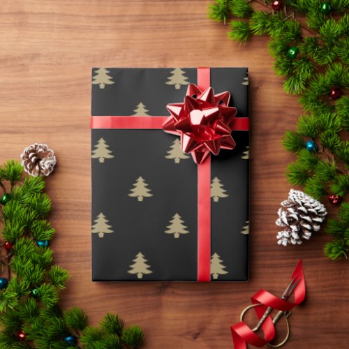 Elegant gold black simple Christmas trees pattern Wrapping Paper