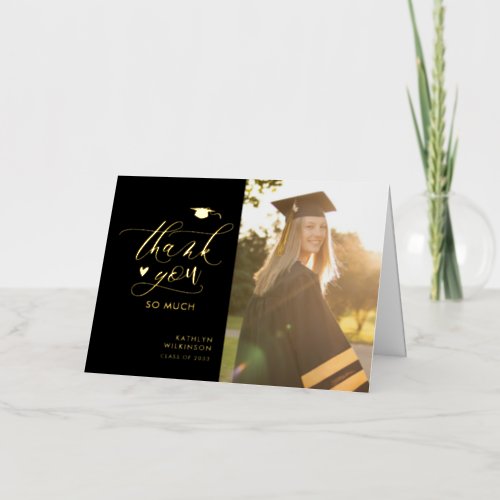 Elegant Gold Black Simple Graduation Thank You Foil Greeting Card