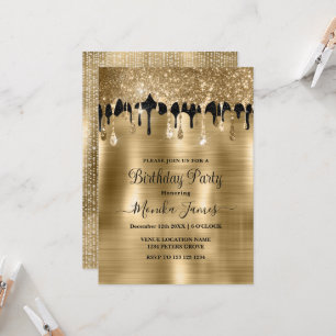 Elegant Gold Black Sparkle Glitter Drips Birthday  Invitation