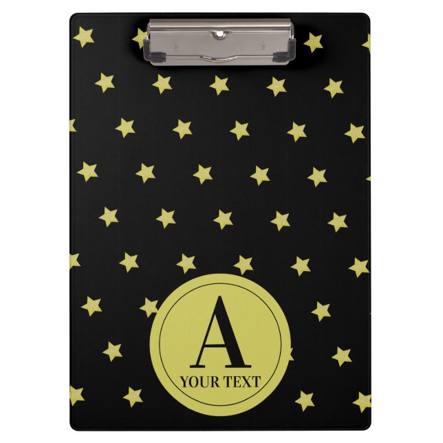 Elegant Gold & Black Star Pattern Monogram Clipboard (Front)