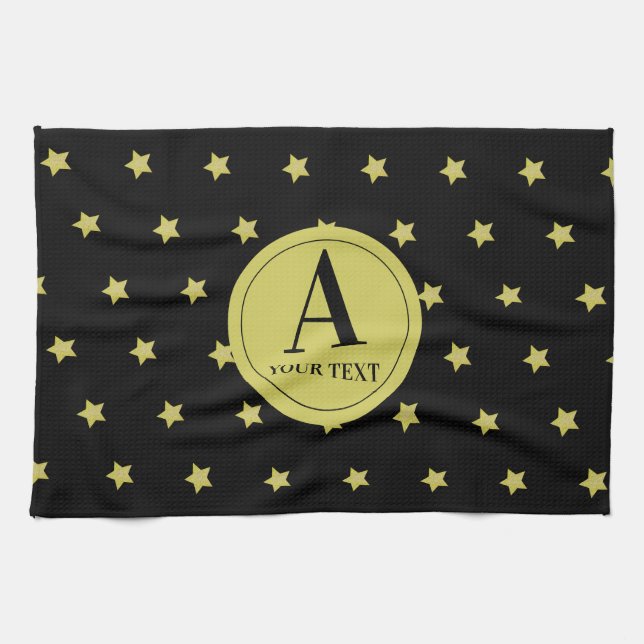Elegant Gold & Black Star Pattern Monogram Kitchen Towel (Horizontal)