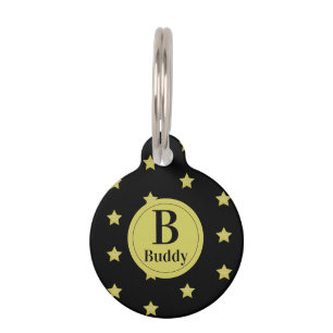 Elegant Gold & Black Star Pattern Monogram Pet ID Tag
