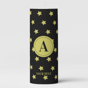 Elegant Gold & Black Star Pattern Monogram Pillar Candle