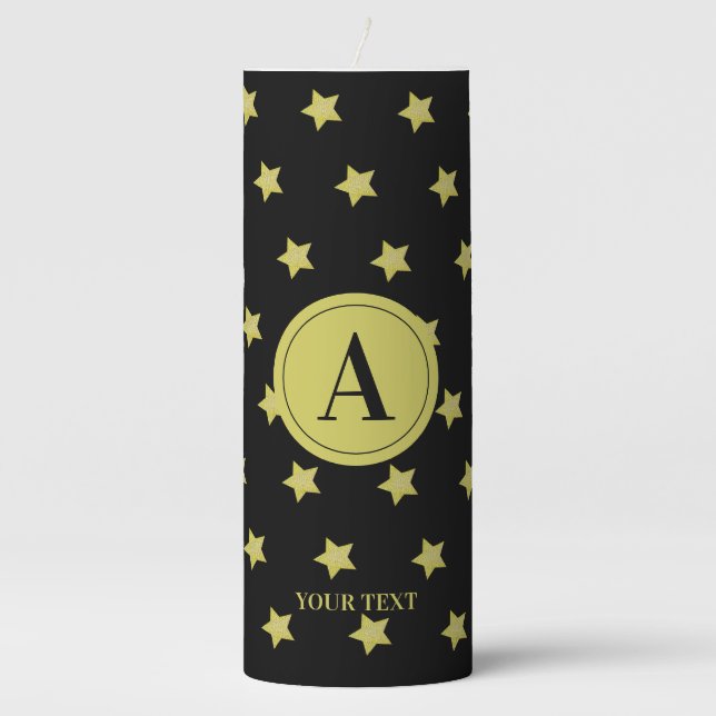 Elegant Gold & Black Star Pattern Monogram Pillar Candle (Front)