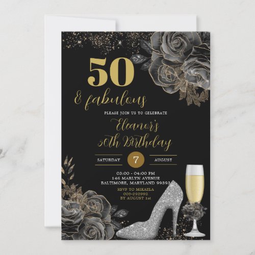 Elegant Gold Black Stiletto Woman Birthday  Invitation