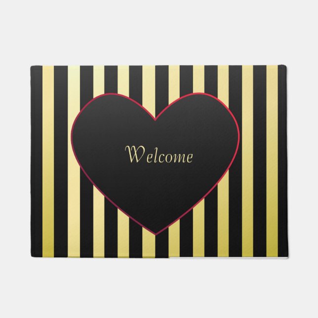 Elegant Gold Black Stripes Heart Personalize Doormat (Front)