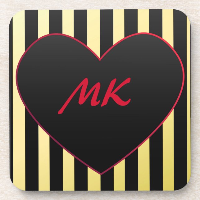 Elegant Gold Black Stripes Red Heart Monogrammed Beverage Coaster (Front)