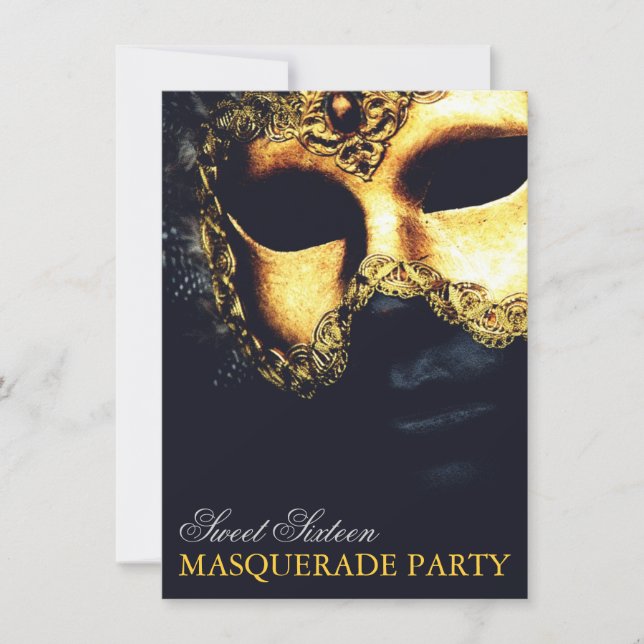 Elegant Gold Black Sweet 16 Masquerade Invitations (Front)