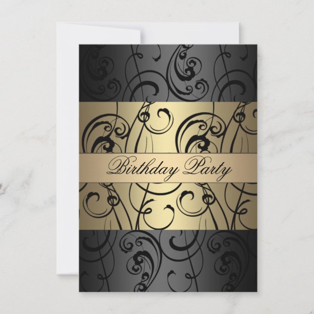 Elegant Gold & Black Swirl Birthday Invitation (Front)
