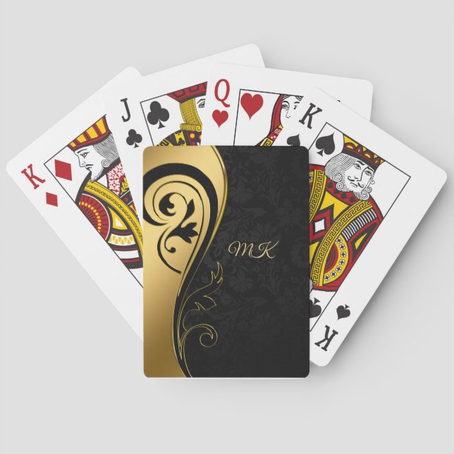 Elegant Gold Black Swirl Design Monogram Poker Cards (Back)