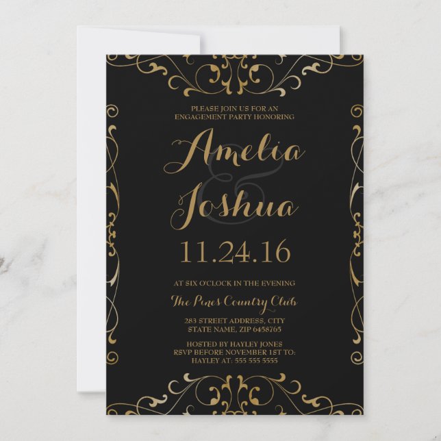 Elegant Gold Black Swirl Engagement Party Invite (Front)