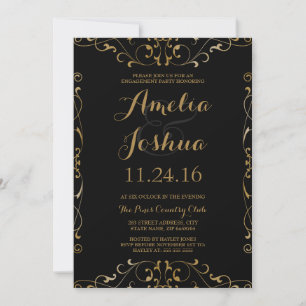 Elegant Gold Black Swirl Engagement Party Invite
