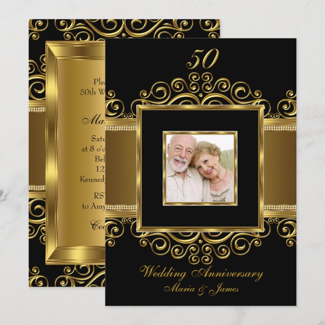 Elegant Gold & Black Swirl Photo 50 Anniversary Invitation (Front/Back)