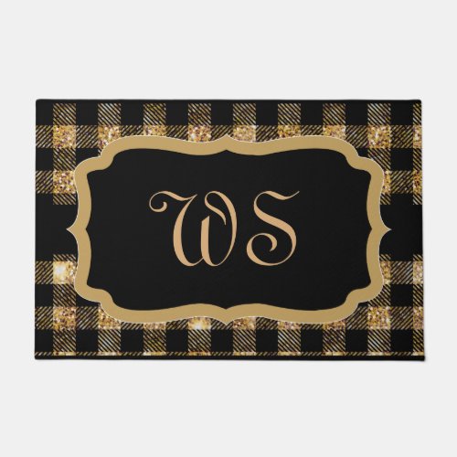 Elegant Gold Black Tartan Plaid Monogrammed Doormat