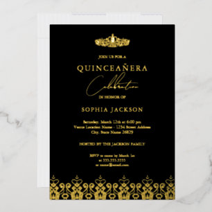Elegant Gold Black Tiara Quinceanera Foil Invitation