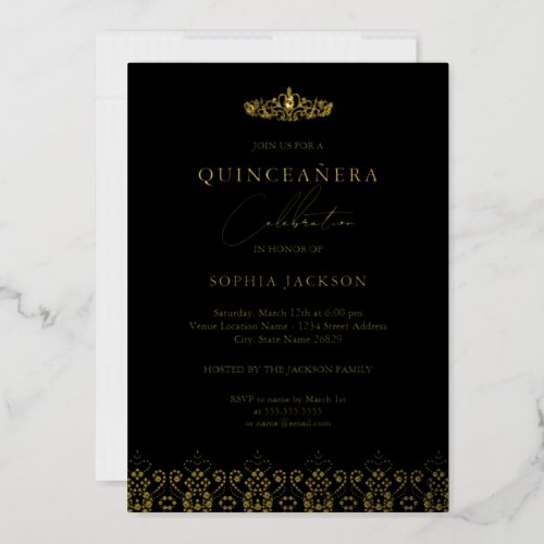 Elegant Gold Black Tiara Quinceanera  Foil Invitation