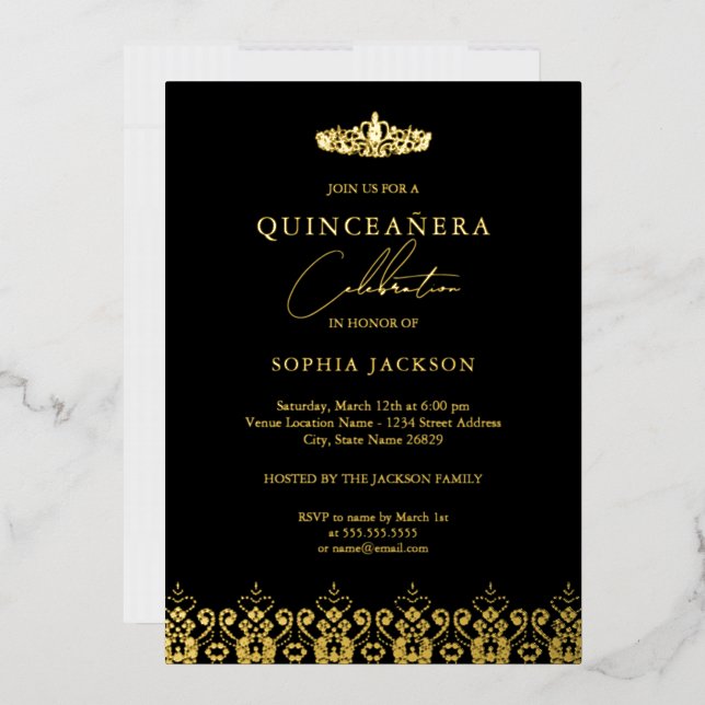 Elegant Gold Black Tiara Quinceanera  Foil Invitation (Envelope)