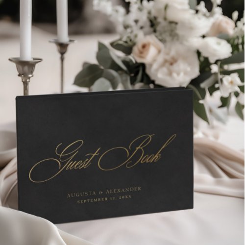 Elegant Gold  Black Velvet Imitation Wedding Guest Book