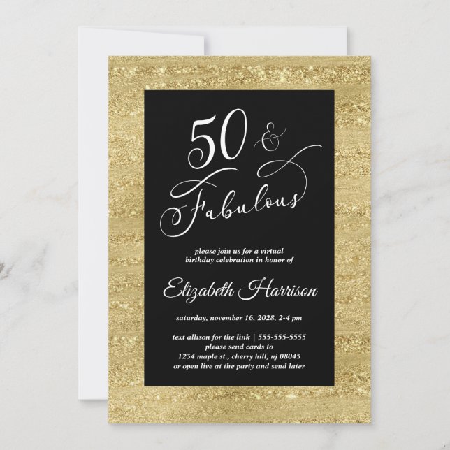 Elegant Gold Black Virtual 50th Birthday Party Invitation (Front)
