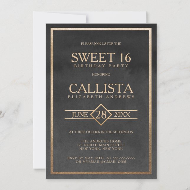 Elegant Gold Black Watercolor Frame Sweet 16 Invitation (Front)