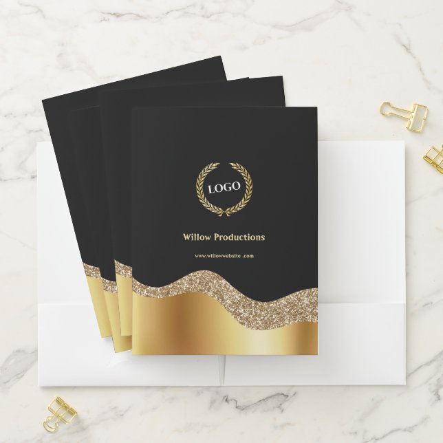 Elegant Gold Black Wave Logo Business  Pocket Folder (In Situ)