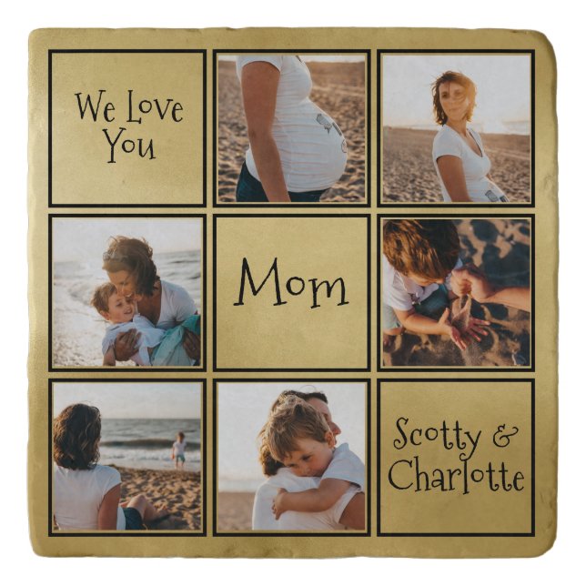 Elegant Gold Black We Love You Mom Photo Collage Trivet (Front)