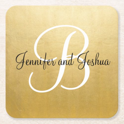 Elegant gold black wedding gift favors _ Monogram Square Paper Coaster
