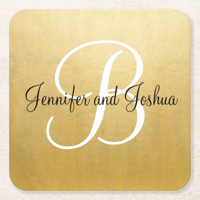 Elegant gold black wedding gift favors - Monogram Square Paper Coaster (Front)