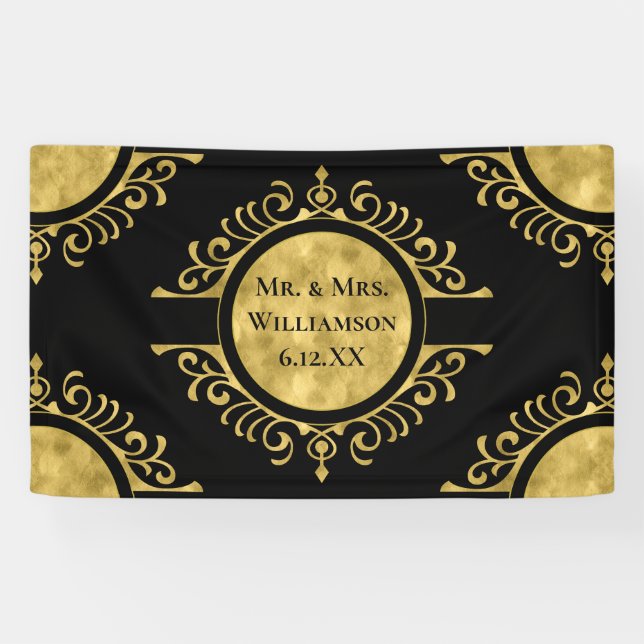 Elegant Gold Black Wedding Mr. & Mrs Banner (Horizontal)