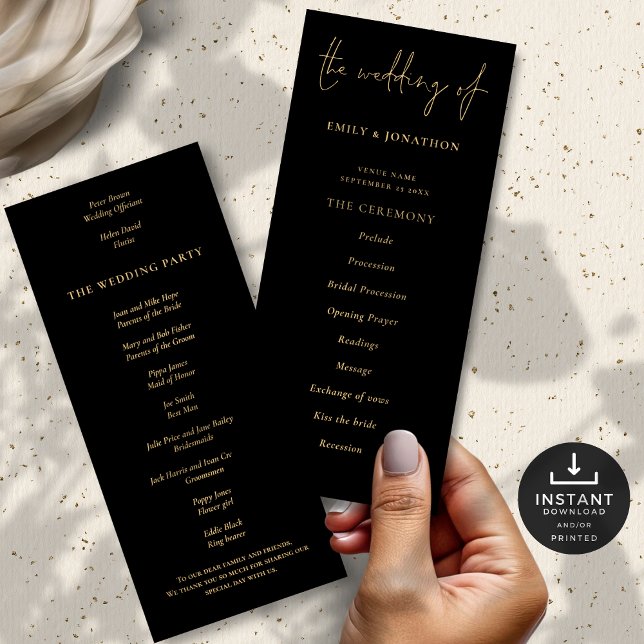 Elegant Gold Black Wedding Program (Front and back view)