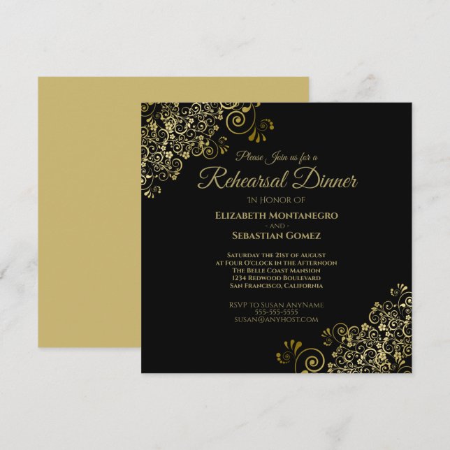 Elegant Gold Black Wedding Rehearsal Dinner Square Invitation (Front/Back)