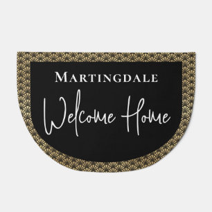 Elegant Gold Black Welcome Home Monogram Name Doormat