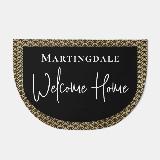 Elegant Gold Black Welcome Home Monogram Name Doormat (Front)