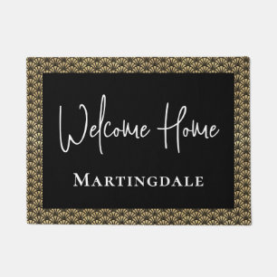 Elegant Gold Black Welcome Home Monogram Name Doormat