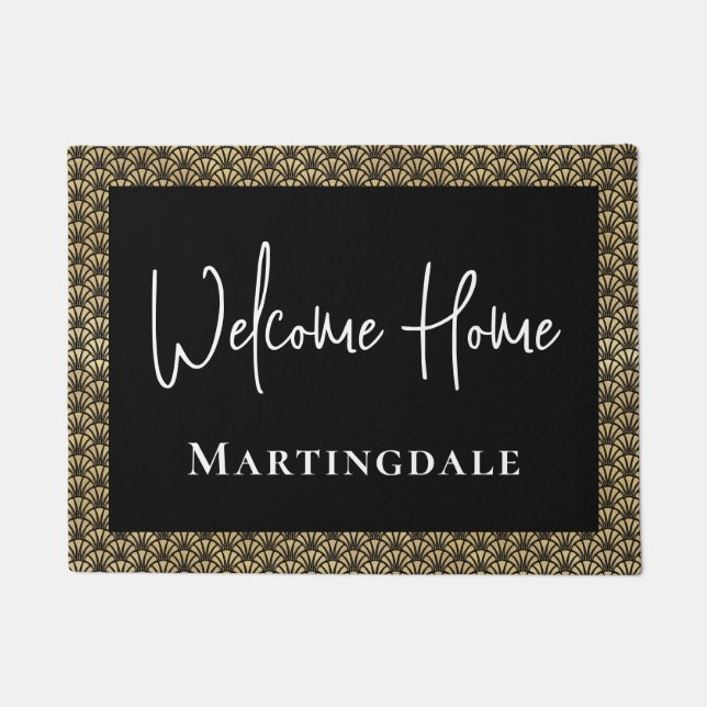  Elegant Gold Black Welcome Home Monogram Name Doormat (Front)